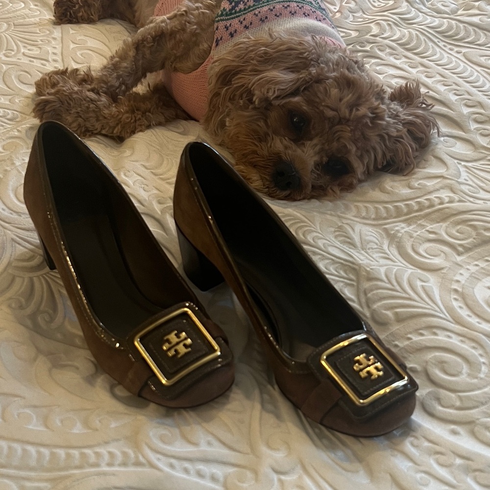 Tory Burch vintage Gold Buckle Brown suede Heels